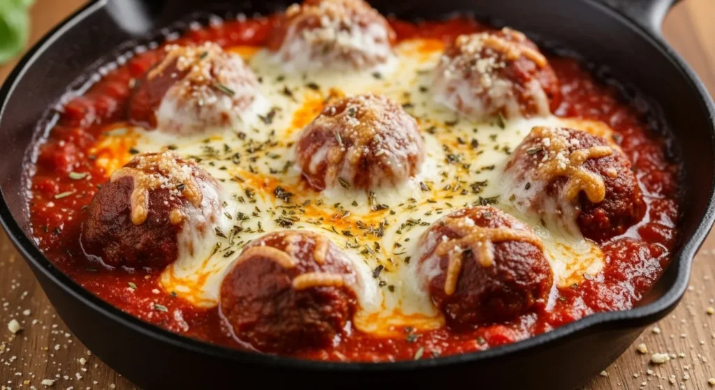 Cheesy One Skillet Italian Baked Meatballs Recipe