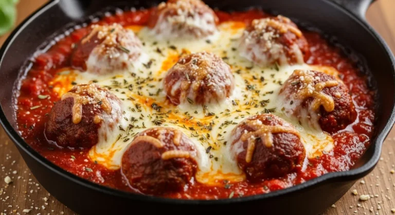 Cheesy One Skillet Italian Baked Meatballs Recipe