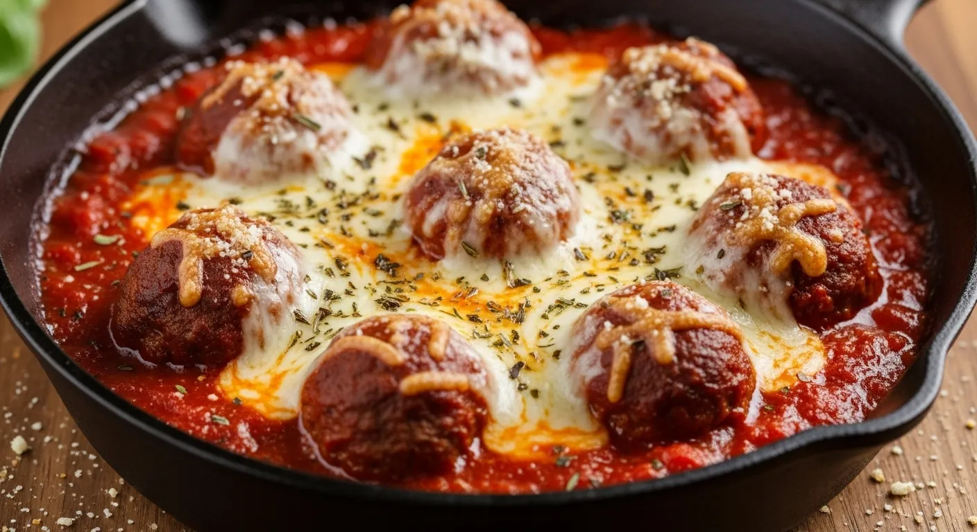 Cheesy One Skillet Italian Baked Meatballs Recipe