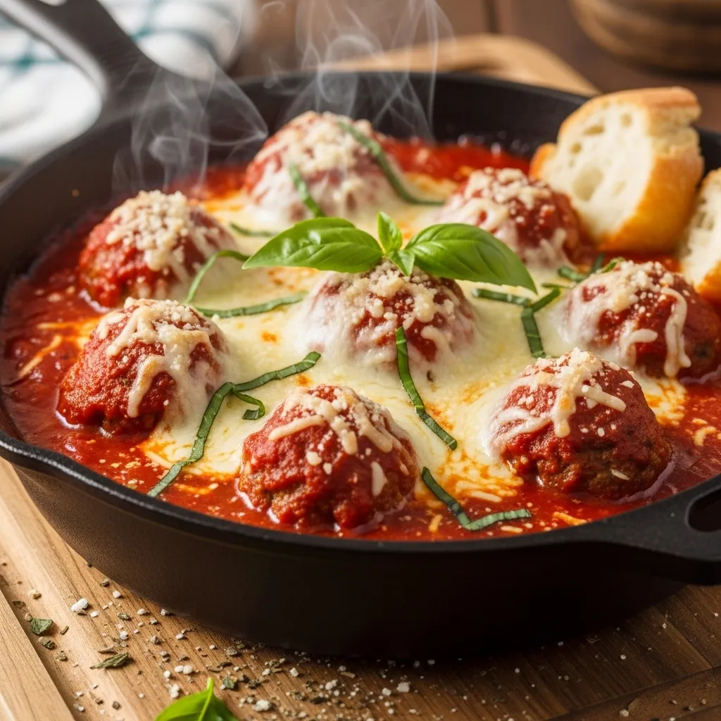 Cheesy One Skillet Italian Baked Meatballs Recipe
