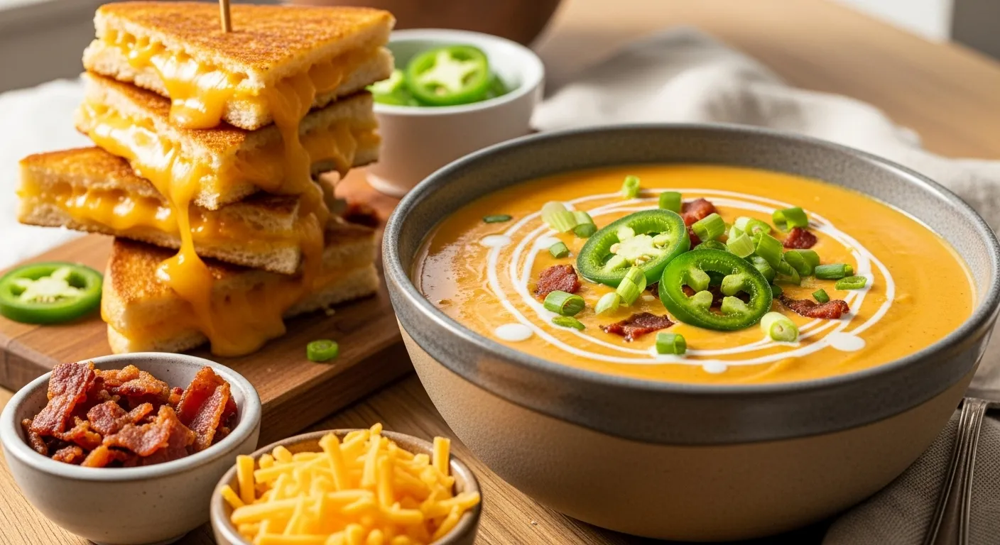 Spicy Jalapeño Popper Soup with Grilled Cheese Dippers Recipe