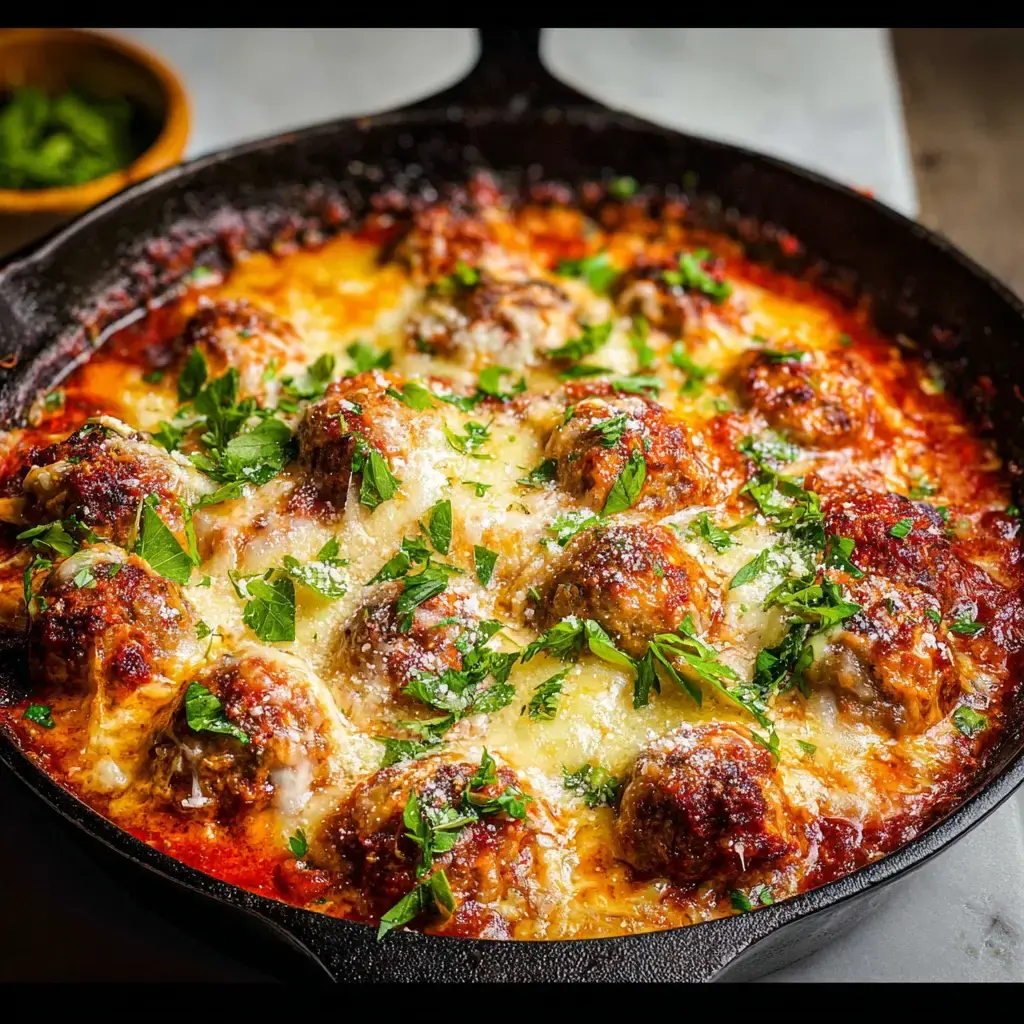 Cheesy One Skillet Italian Baked Meatballs Recipe