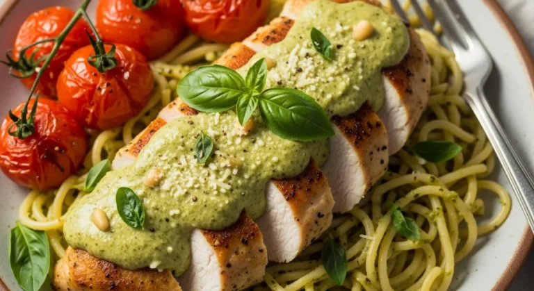 Creamy Pesto Chicken with Roasted Tomatoes Recipe