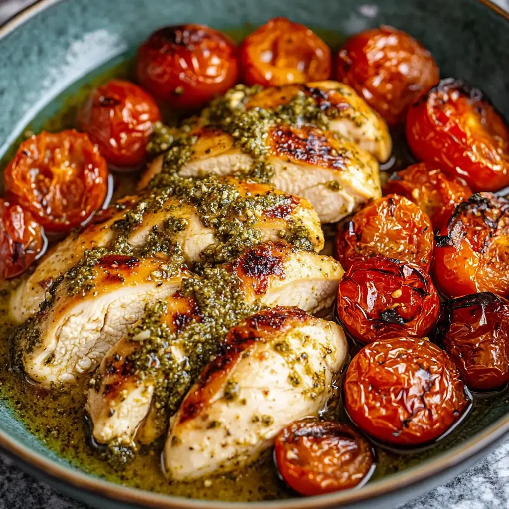 Creamy Pesto Chicken with Roasted Tomatoes Recipe