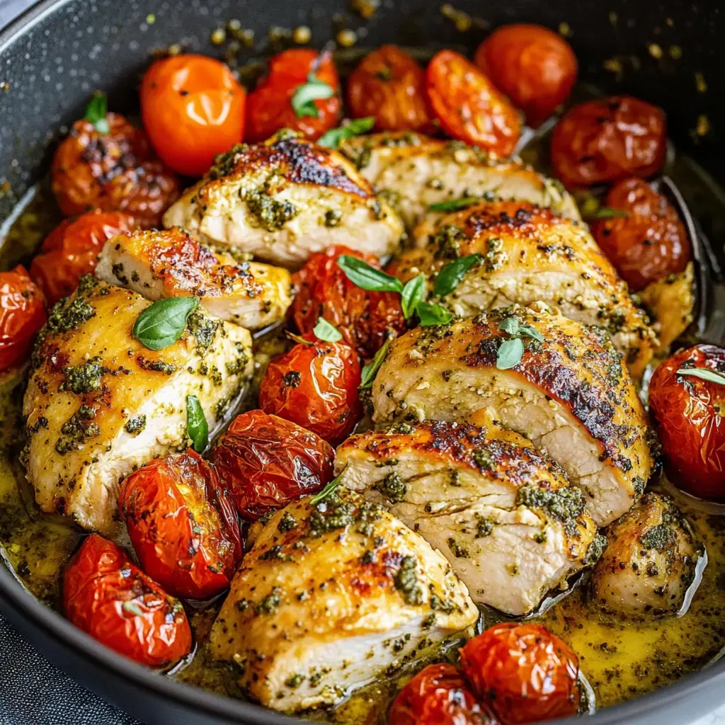 Creamy Pesto Chicken with Roasted Tomatoes Recipe