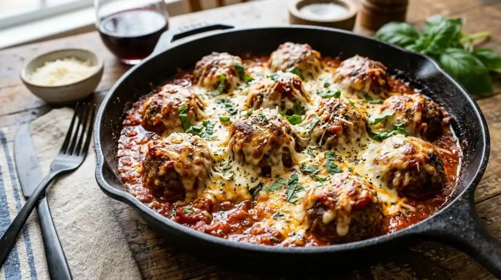 Cheesy One Skillet Italian Baked Meatballs Recipe