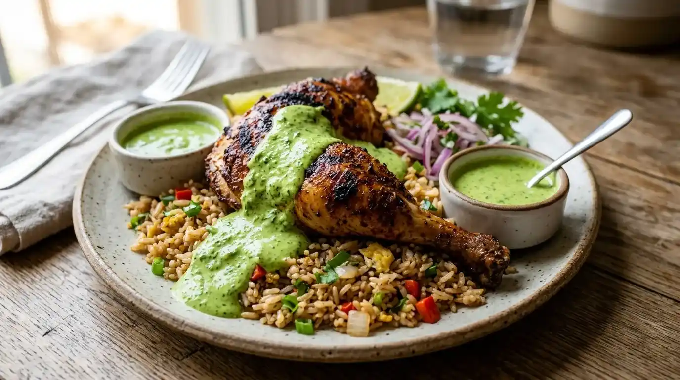 Peruvian Chicken And Rice with Green Sauce Recipe